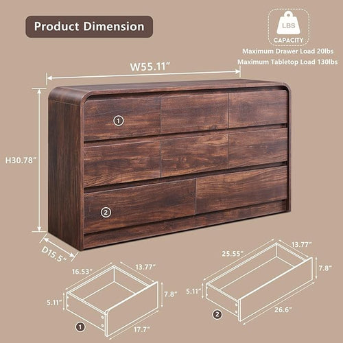Aitjunz Modern 8 Drawers Dresser for Bedroom, 55" Wide Dressers & Chest of Drawers w/Curved Profile Design, Wood Mid Century Storage Dressers Organizer for Bedroom, Living Room, Brown