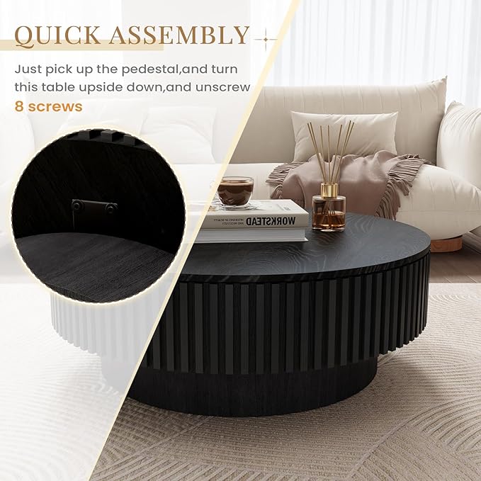 39.37'' Round Coffee Table with Storage, Modern Fluted Circle Coffee Table Unique Drum Low Center Tea Table with Solid Wood Veneered for Living Room Small Space, Mesas De Centro para Sala, Black