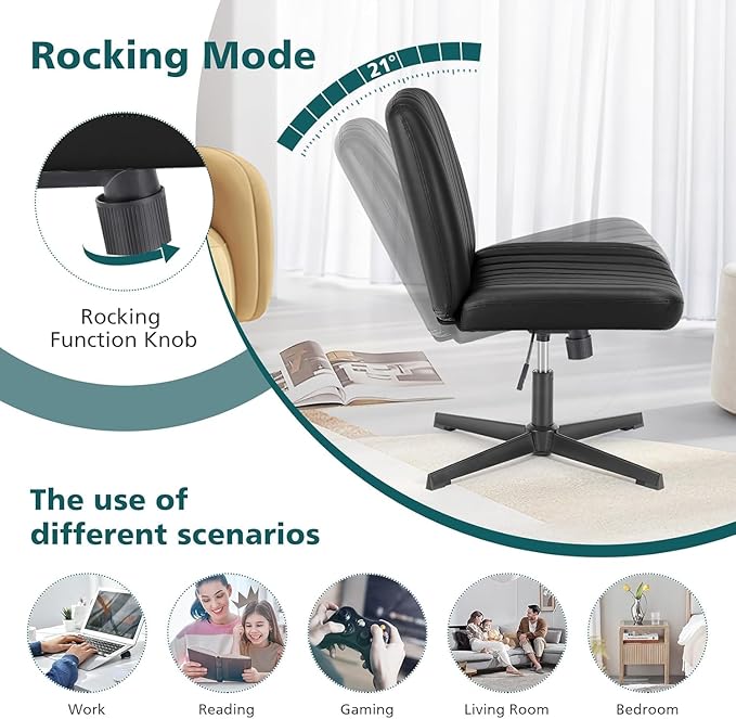 OLIXIS Criss Cross Legged Chairs Armless No Wheels Wide Seat Height Adjustable Swivel Padded PU Leather Home Office Desk Seating for Bedroom, Student, Study Room
