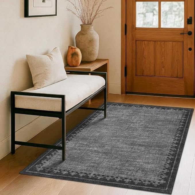 GarveeHome Neutral Area Rug 4x6 Geometric Bordered Washable Living Room Bedroom Grey Carpet Non Slip Stain Resistant Low Pile Indoor Rugs for Home Office Dining Room Kitchen, Grey