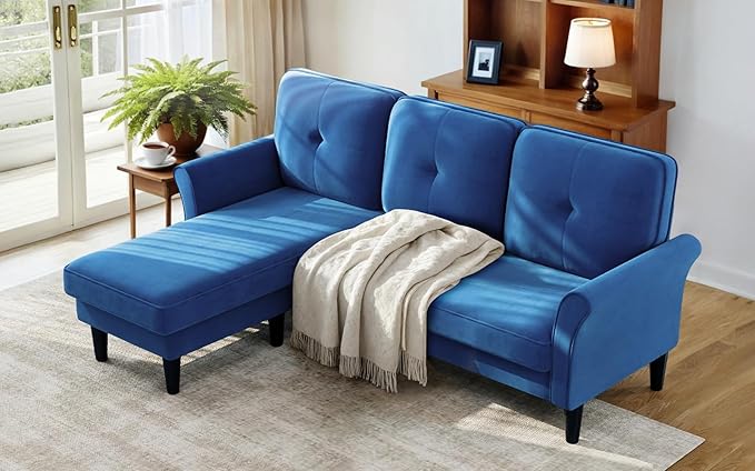 Welzona Sectional Couches for Living Room, 83" Velvet Modern 3 Seater Sofa, L Shaped Couch with Ottoman, Small Sectional Couch Sofas for Living Room, Bedroom, Apartment, Office, Blue Sofa