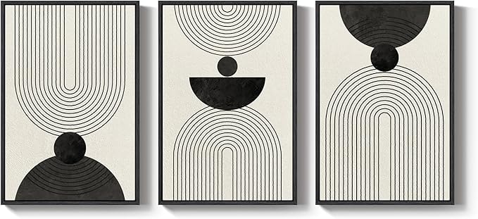 Large Framed Boho Abstract Wall Art for Living Room, 3 Piece Black and White Modern Minimalist Canvas Artwork for Walls, Bauhaus Geometric Prints Wall Decor for Bedroom Dining Room Office, 24x36 Inch