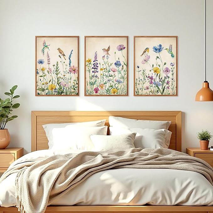 HPNIUB Vintage Wildflower Birds Framed Canvas Wall Art Set, Modern Nature Botanical Wall Decor, Colorful Floral Art Prints Spring Artwork for Living Room Dining Room Bedroom(Set of 3,12X16 Inch)