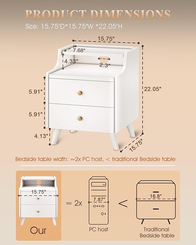 Narrow Nightstand with Drawers, 15.7" Slim Solid Wood Bedside Table with Open Shelf & Cable Hole, Modern Storage Side Table for Bedroom, Living Room, White