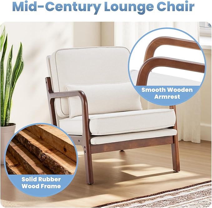 DUMOS Mid Century Modern Chair Set of 2, Accent Chair with Arms and Waist Cushion, Reading Chairs for Adults, Lounge Chair for Living Room and Bedroom, Solid Wooden Frame, Beige