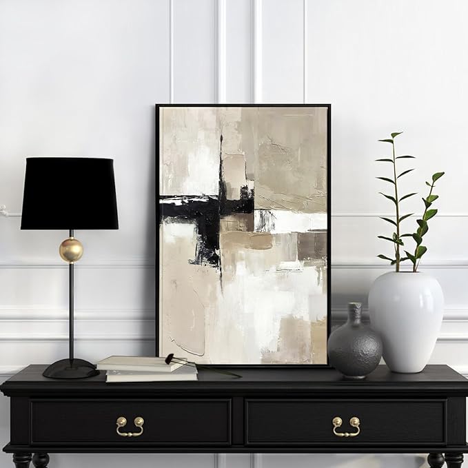Set of 2 Modern Neutral Abstract Wall Art – Framed Beige, Gray, and Black Canvas Paintings for Living Room, Bedroom, or Office Décor – 16x24 Inches Each