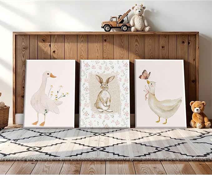 Vintage Nursery Wall Art Goose Canvas Poster Coquette Wall Decor Baby Girl Painting Kids Poster Bunny Rabbit Prints Cute Animal Pictures Duck Artwork for Bedroom Living Room 12x16x3 Inch Ready to Hang