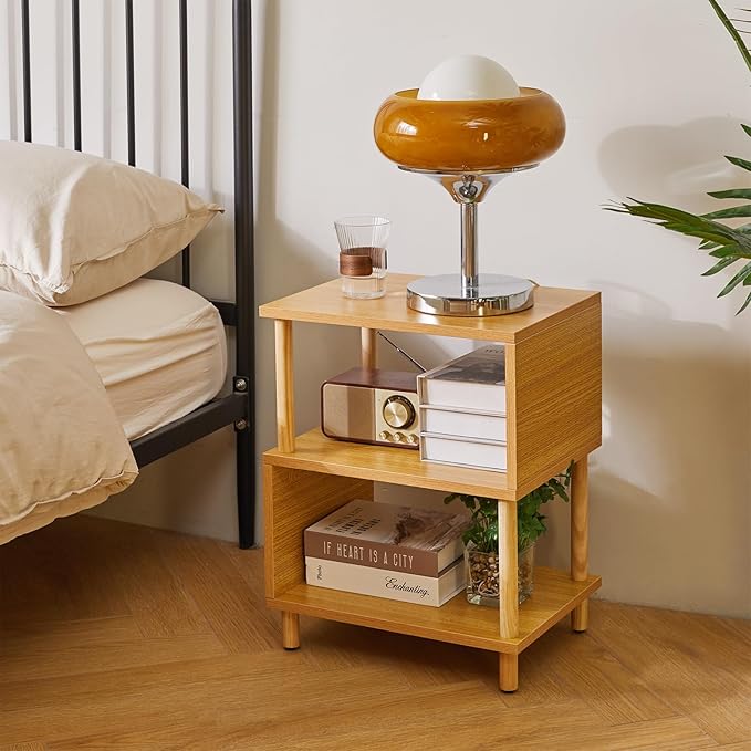 Aibiju Wooden Night Stand with Open Shelf, Nightstand with Solid Wood Legs, S-Shaped Bed Side Table 3 Tier, End Table Natural Wood YD-TM152N