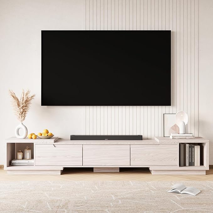 MEISSALIVVE Extendable TV Stand for Up to 120 Inch TV, Modern Entertainment Center with 3 Drawers & 2 Storage Compartments, Adjustable Length (65"-103"), TV Consoles for Living Room & Bedroom (White)