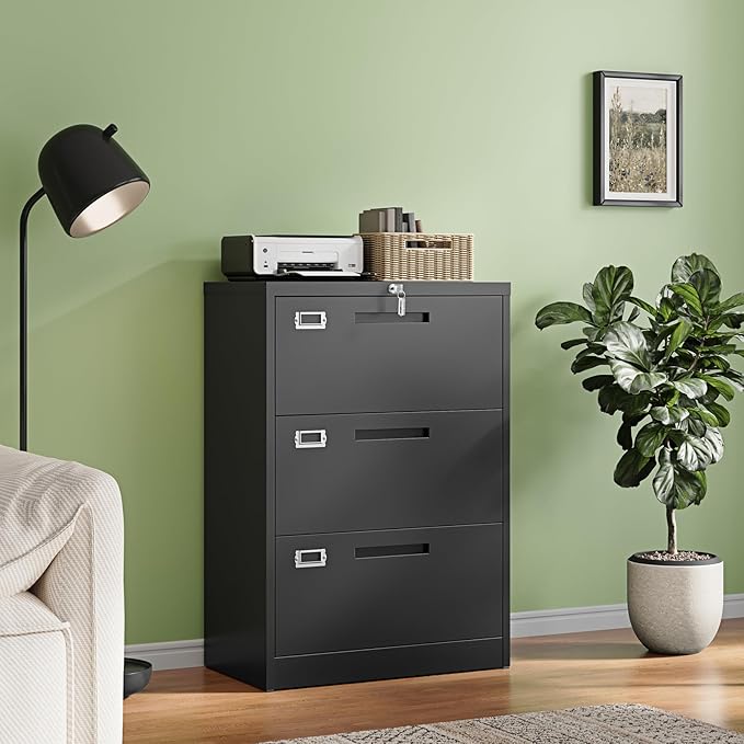 Letaya 3 Drawer File Cabinets with Lock,Metal Lateral Filing Storage Cabinet Printer Stand,Black Steel Home Office Cabinet for Hanging Files Letter/Legal/A4 Size (Black, H39.84×W28.35×D15.74)