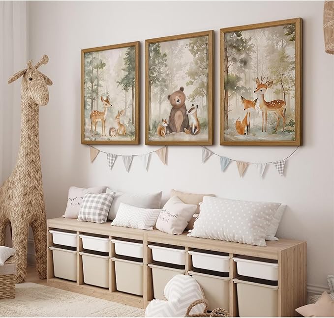 Woodland Nursery Wall Art Decor Animal Forest Canvas Prints Baby Boy Room Wall Decor Bear Nursery Nature Pictures Deer Prints Artwork for Boy Girl Kids Bedroom 12x16 Inch Wood Framed Set of 3