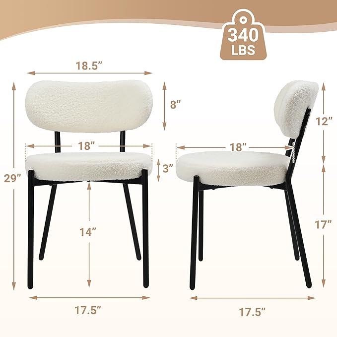 Murago Dining Chairs Set of 2, Boucle Comfortable Upholstered Seat Fabric with Curved Backrest, Mid Century Modern Contemporary Scandinavian Designer Chairs Ideal for Dining Room, Kitchen, White