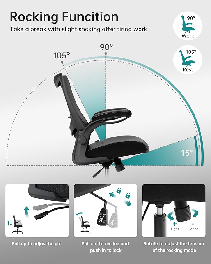 MUXX.STIL Office Chair, PU Leather Ergonomic Desk Chair with Adjustable Lumbar Support and Flip up Armrest, Breathable Mesh Computer Chair for Home Office, Black