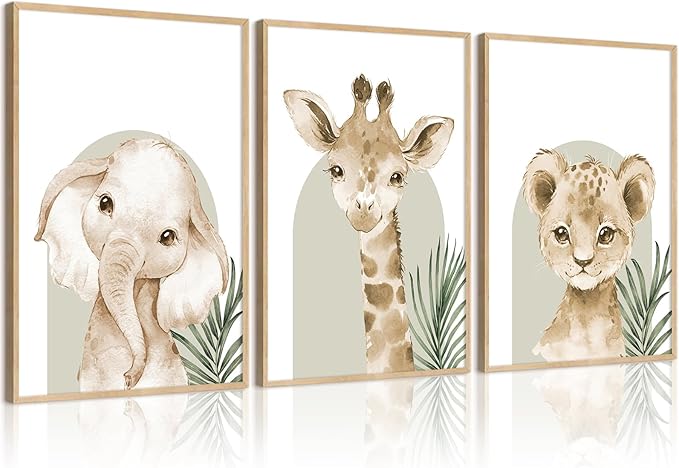 Tocliky Nursery Animal Wall Art Decor Safari Jungle Nursery Pictures Baby Boy Room Canvas Wall Decor Woodland Animals Prints Safari Giraffe Artwork for Boys Kids Bedroom 12x16 Inch Unframed Set of 3