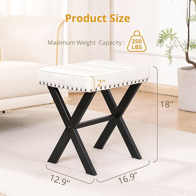 LUE BONA White Vanity Stool - Square Faux Leather Makeup Seat With Metal X Legs, Small Ottoman Chair for Makeup Room, Living Room, Bathroom - Padded Foot Rest