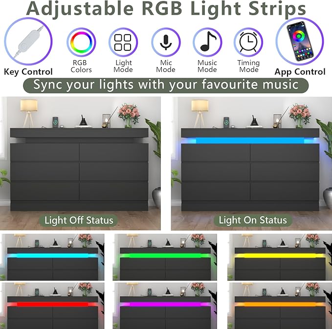 Gyfimoie 6 Drawer Dresser with Power Outlet, Dresser with LED Light, Modern Chest of Drawers for Closet, Double Wide Drawer Organizer Cabinet for Bedroom, Living Room (Black, 6 Drawers)