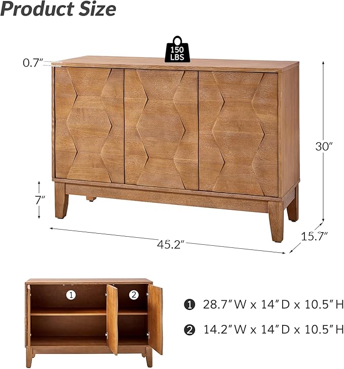 HULALA HOME Modern Kitchen Buffet Cabinet Storage Sideboard with 3D Geometric Design, Freestanding Floor Cabinet with 3 Doors & 2 Adjustable Interior Shelves for Living & Dining Room Hallway, Seadrift