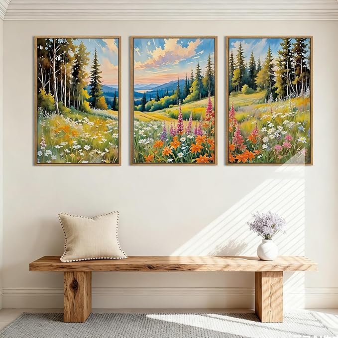 Anyzal Large Mountain Landscape Framed Wall Art 16x24 Inch Colorful Forest Floral Field Canvas Wall Decor Set of 3 for Living Room Bedroom Dining Room