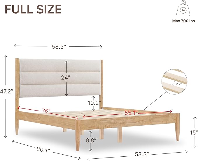 KISLOT Wood Bed Frame with Upholstered Headboard Wooden Platform with Silent Slat Support Mattress Foundation No Box Spring Needed, Easy Assembly