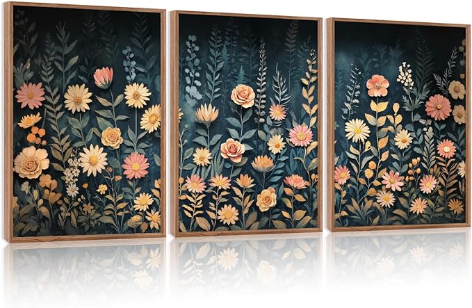 HPNIUB Modern Dark Wildflower Framed Canvas Wall Art Set,Minimalist Nature Jungle Botanical Landscape Wall Decor, (12x16 Inch) Farmhouse Painting for Living Room, Bedroom, Office