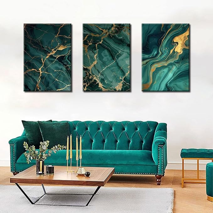 Emerald Green and Gold Canvas Wall Art Set of 3 Abstract Green Gold Marble Fluid Wall Decor Pictures Neutral Modern Minimalist Posters Prints for Living Room Bedroom Home Decoration 12x16in