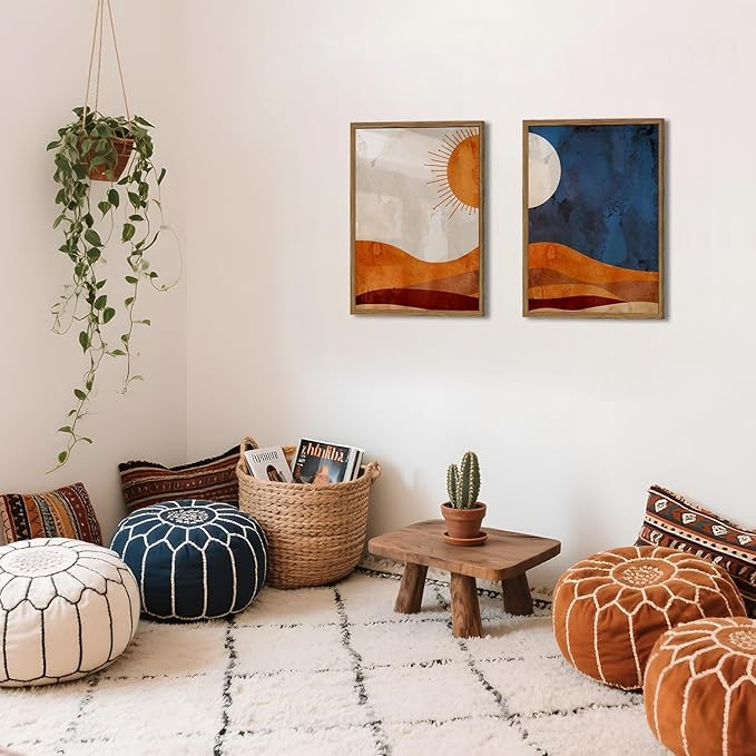 Framed Boho Sun and Moon Canvas Wall Art Set of 2, Vintage Western Desert Landscape Wall Decor Paintings, Mid Century Modern Abstract Pictures Prints Artwork for Living Room Bedroom Office 12x16 inch