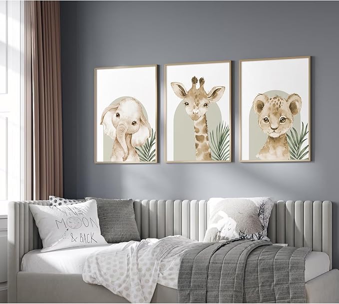 Tocliky Nursery Animal Wall Art Decor Safari Jungle Nursery Pictures Baby Boy Room Canvas Wall Decor Woodland Animals Prints Safari Giraffe Artwork for Boys Kids Bedroom 16x24 Inch Unframed Set of 3