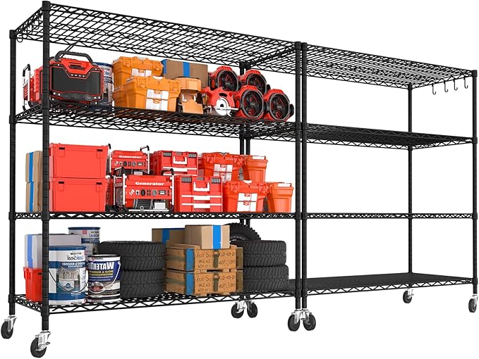 PrimeZone 2 Packs 55.5" W x 24" D x 80" H Heavy Duty Wire Storage Shelves with Wheels, 4 Tier Adjustable NSF Commercial Garage Shelving Unit, Rolling Metal Organizer Shelf Rack for Warehouse, Pantry