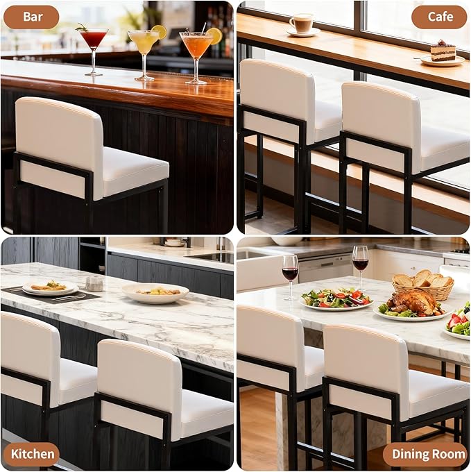 GarveeHome Bar Stools Set of 4, Modern Counter Height Bar Stools with Back and Footrest, Faux Leather Upholstered Barstools Chairs for Kitchen Island Dining Room Bar, White