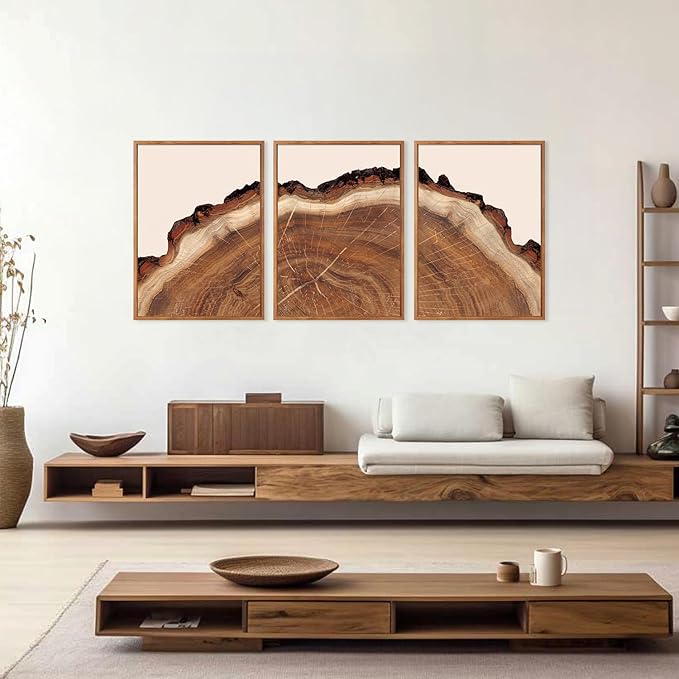 HPINUB Tree Rings Wood Wall Art Framed Set, Modern Beige Wood Stump Wall Decor, Abstract Tree Spiral Wall Painting,Nature-Inspired Art Print for Living Room, Bedroom, Office(Set of 3,12X16 Inch)