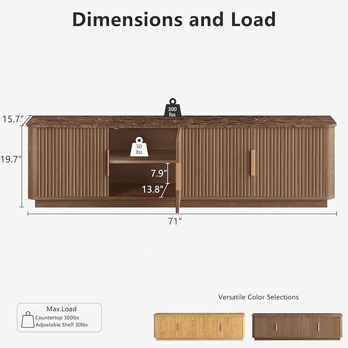 win2win 71" TV Stand for 80 Inch TV, Mid Century Modern Fluted Entertainment Center with Faux Marble Top, Curved Corners, Minimalist Media Console with Storage for Living Room Bedroom, Walnut