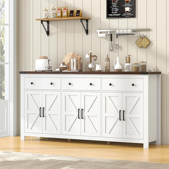 VVFLU 71" Large Sideboard Buffet Cabinet with Storage, Modern Farmhouse Coffee Bar with 3 Drawers and 6 Barn Doors, Dining Room Storage Cabinet, for Kitchen, Living Room, White Wood