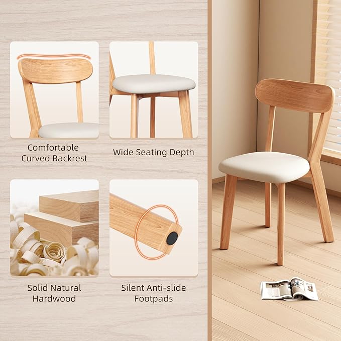 Dining Chairs Set of 6 Mid-Century Modern Oak Upholstered Scandinavian Solid Wood Kitchen & Dining Room Chairs with Curved Backrest Sillas de Comedor for Dining Table(Original/Beige)