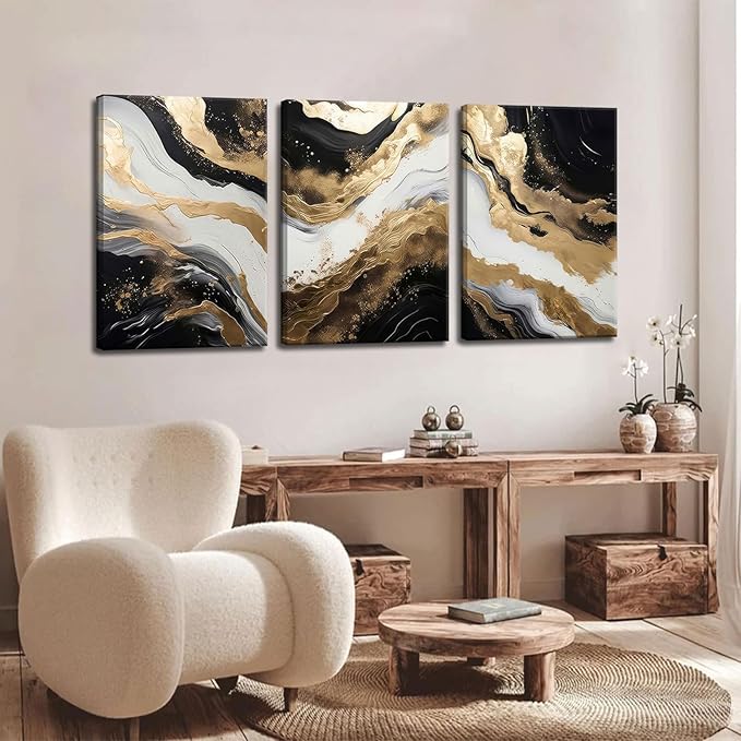 Black and Gold Abstract Canvas Wall Art Set of 3 Abstract Black Gold Marble Wall Decor Pictures Neutral Modern Minimalist Posters Prints for Living Room Bedroom Home Decoration 12x16in