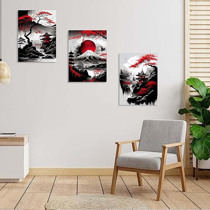 3 Piece Framed Canvas Wall Art Japanese Landscape Wall Decor with Red Sun, Mount Fuji, Pagoda & Cherry Blossom, Modern Asian Artwork for Living Room Bedroom Office, 12x16 Inch