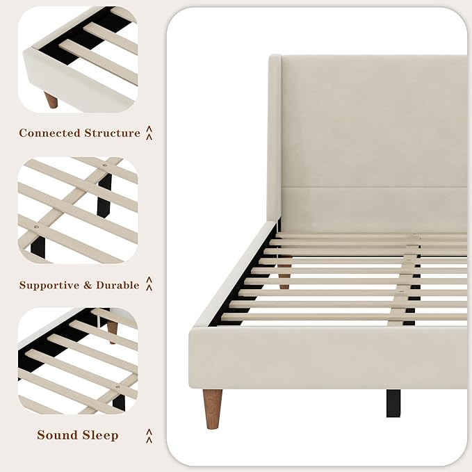 King Size Upholstered Platform Bed Frame, Modern Wingback Bed with Headboard, Upholstered Bed Frames with Walnut Wooden Legs, No Box Spring Needed/Easy Assembly, Beige Velvet