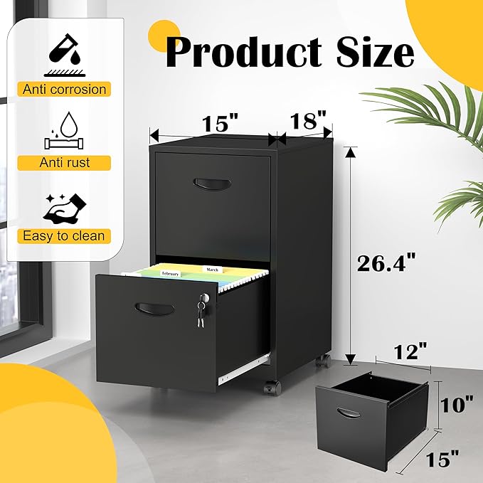 SteeLoong 2 Drawer File Cabinet with Lock，Black Rolling File Cabinet for Home Office, Metal Small Mobile Filing Cabinets on Wheels for Hanging Letter