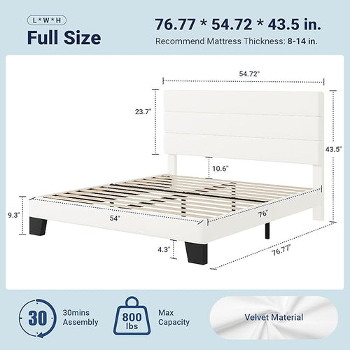 Allewie Full Size Platform Bed Frame with Velvet Upholstered Headboard and Wooden Slats Support, Fully Upholstered Mattress Foundation/No Box Spring Needed/Easy Assembly, White