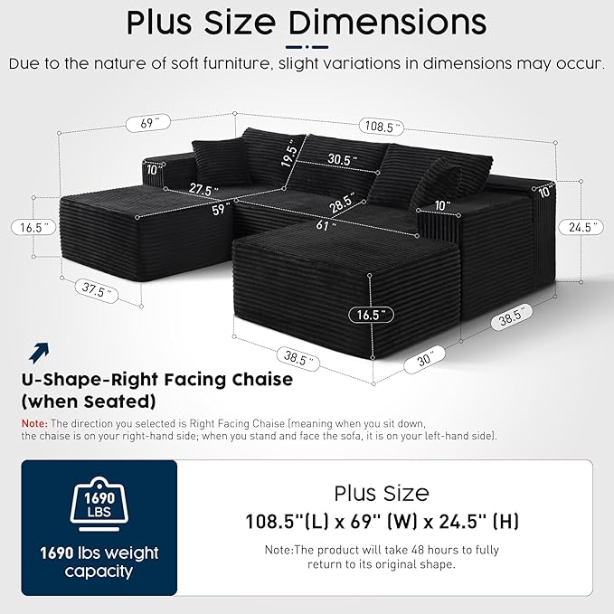 Black Sectional Couch with Ottoman, 108" Cloud Modular Couch for Living Room, Modern U-Shaped Sofa, No Assembly Required - Plush Corduroy Fabric & Deep Seat Comfort (Right Facing Chaise)
