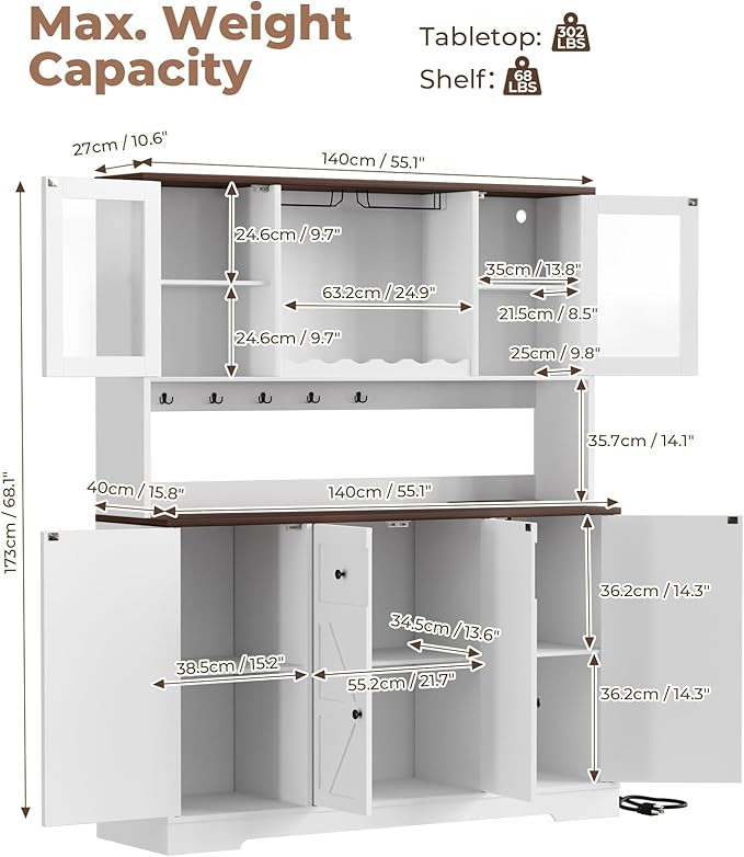 VVFLU 68" Tall Kitchen Pantry Storage Cabinet with Charging Station, 55" Wide Kitchen Hutch Cabinet with Large Countertop, Farmhouse Buffet Cabinet with Wine Holder & Wine Rack for Dining Room, White
