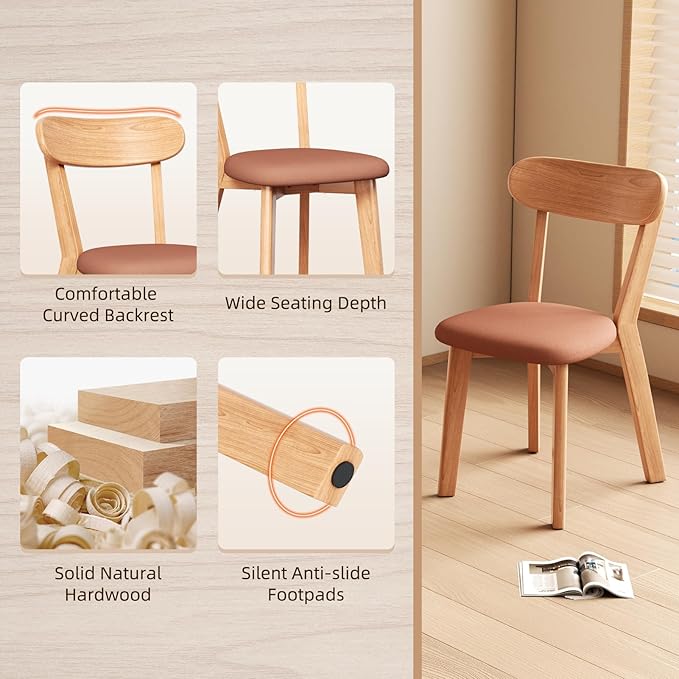 Dining Chairs Set of 6 Mid-Century Modern Oak Upholstered Scandinavian Solid Wood Kitchen & Dining Room Chairs with Curved Backrest Sillas de Comedor for Dining Table(Original/Orange)