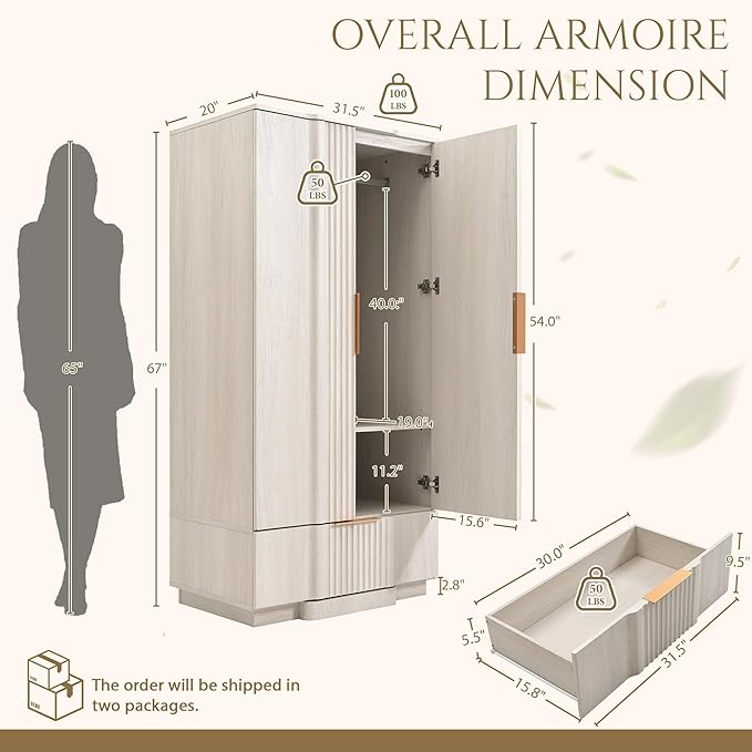 Yechen 67" Fluted Armoire Wardrobe Closet Set of 2 with Doors and Drawer, Wooden Wardrobe Closet Cabinet with Adjustable Shelve, Modern Small Armoires Storage Clothes, Coats for Bedroom, White, 2pcs