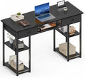Sweetcrispy Computer Gaming Desk with Drawers- 48 Inch Home Office Bedroom Writing Study PC Table with Storage Shelves, Metal Frame Adjustable Feet, Pure Black