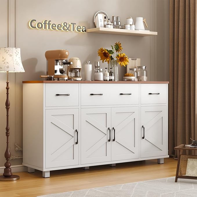 VVFLU 55" Sideboard Buffet Cabinet with Storage, Coffee Bar Cabinet with 3 Drawers and 4 Barn Doors, Long Storage Cabinet Modern Farmhouse, White Wood, for Kitchen, Dining Room, Living Room