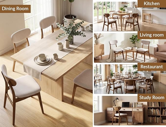 Wooden Dining Chairs Set of 2 - Farmhouse Fabric Upholstered Kitchen Chairs with Curved Back, Solid Wood Mid-Century Modern Side Chair for Dining Room, Beige & Walnut