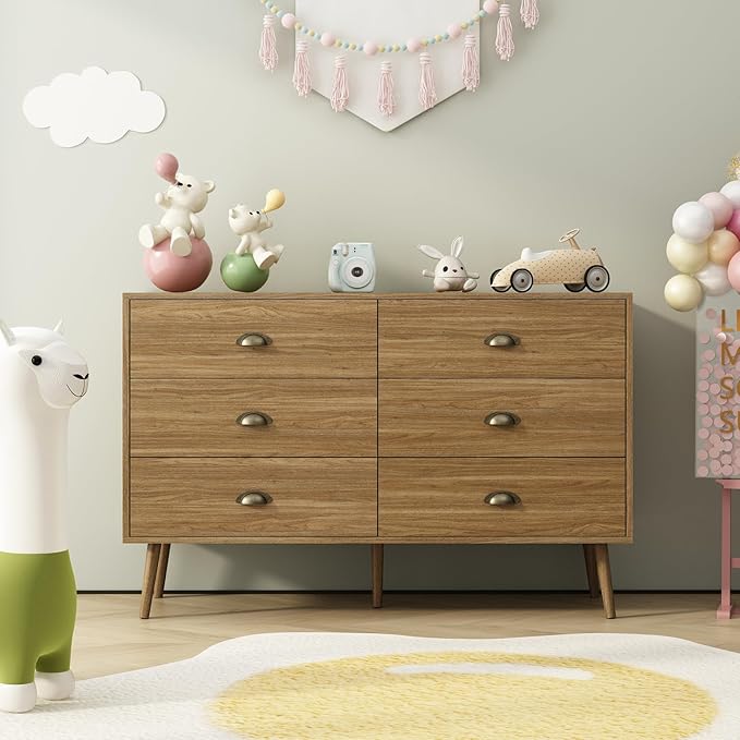 CARPETNAL Dresser for Bedroom Wide Mid Century Modern Chest of Drawers,Wooden Bedroom Dresser with 6 Storage Drawers for Living Room,Oak
