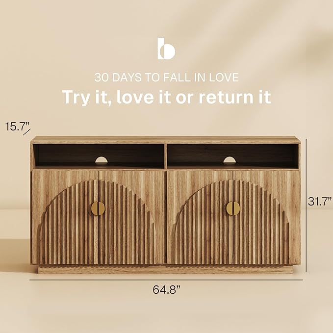 BELLEZE 65-inch Fluted Sideboard with Open Shelf, Mid Century Modern Sideboard with Adjustable Shelves & Cable Management, Wooden Accent Cabinet for Dining Room, Living Room - Caramel Brown