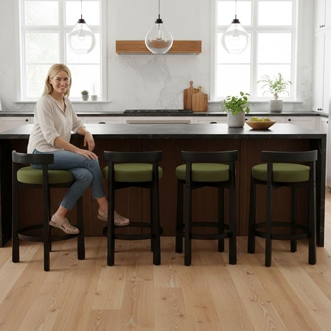 LukeAlon Mid Century Velvet Counter Stools Set of 4, Upholstered 26.5” Seat Height Low Barstools with Black Wood Legs Retro Modern Kitchen Stools with Footrest for Dining Room Bar Coffee Shop, Green