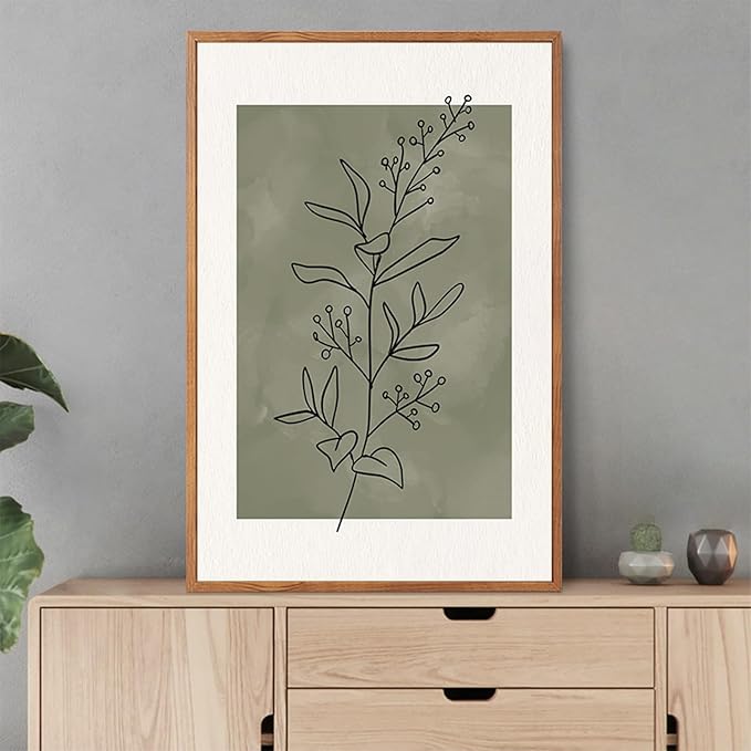 CHDITB Sage Green Botanical Framed Canvas Wall Art Set, Nature Line Art Wall Decor, Neutral Minimalist Floral Artwork, Boho Greenery Plant Flower Art Prints for Living Room, Bedroom, Office 24"x36"x3