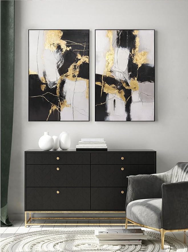 SAFERRYHOME Framed Wall Art - Black and Gold Wall Art Decor - Large Abstract Canvas Wall Art for living room bedroom office
